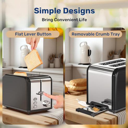 YSSOA Stainless Steel Toaster 2 Slice, Extra Wide Slot, Removable Crumb Tray, 6 Shade Settings, Compact Oven, Black