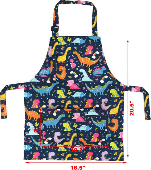 BeeGreen Kids Apron 2 Pack Cooking Aprons with Adjustable Strap Kids Kitchen Aprons with Front Pocket for Girls Toddler Painting Baking Artist Washable Foldable Lightweight (Dinosaurs+Space Planets)