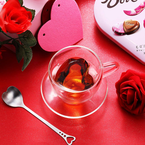 Patelai Heart Shaped Double Walled Glass Insulated Coffee Mug, 180 Ml, 6 oz Cappuccino Cup with Saucer & Spoons