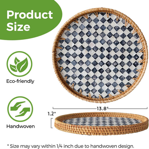 13.8 in Round Rattan Tray with Mother of Pearl Inlay, Wicker Serving Tray Mother for Decor, Rattan Round Wicker Coffee
