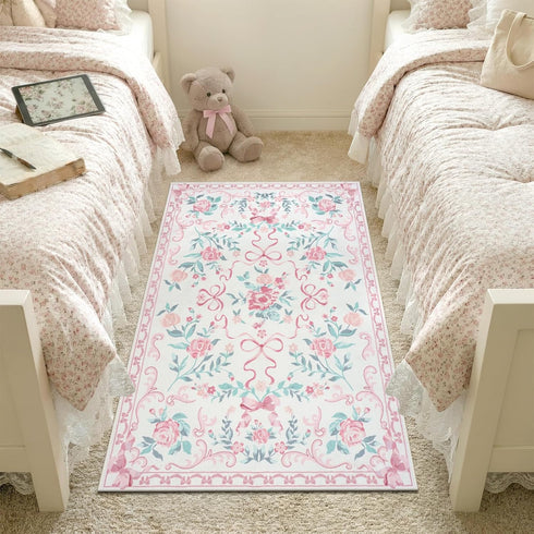 3x5 3' 5') Collive Nursery Rug, Boho Pink Floral Area Rugs Machine Washable, Soft Ultra-Thin Bow Carpet Non Slip