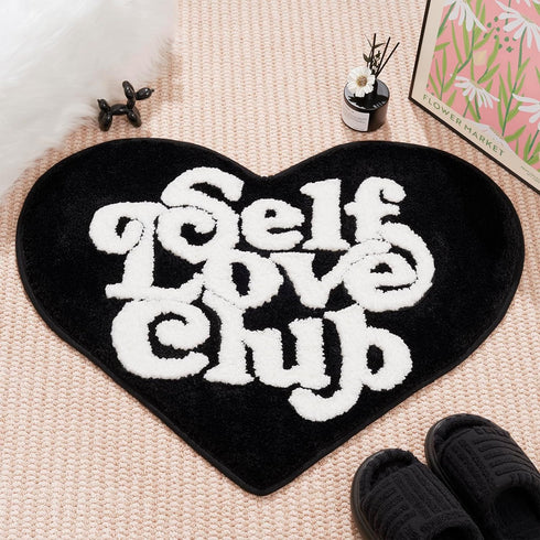 Self Love Club Heart Shaped Rug, Cute Non-Slip Bath Mat for Bedroom and Bathroom Decor, Black and White 27"x20"