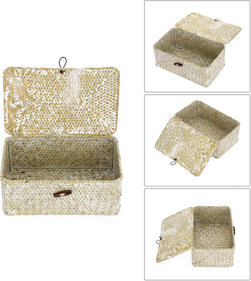 Hipiwe Wicker Shelf Baskets Bin with Lid, Natural Seagrass Storage Boxes, Multipurpose Home Organizer Bins