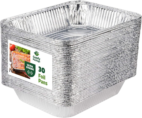 GUSTO 30 Count Half Size Deep Steam Foil Pans, 9x13 Inch Disposable Baking, Cooking, Heating, Storing