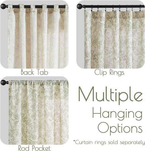 84 Inches Country 2 Set Lazzzy Linen Curtains Farmhouse Green Floral Print Curtains Long Back Tab Drapes for Living