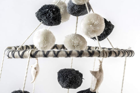 Celestial Crib Mobile with Pom Pom Stars and Clouds - White and Grey