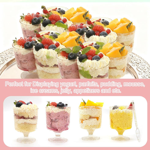 120 Pack 60 Pack Plastic Dessert Cups with Spoons Clear Yogurt Parfait Appetier Cup with Gold Glitter for Party