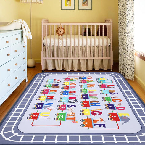 5x7Ft, 5'x7') HiiARug Playroom Rug, Train and Road Kids Play Mat Non-Slip ABC Rug Educational Washable Rugs