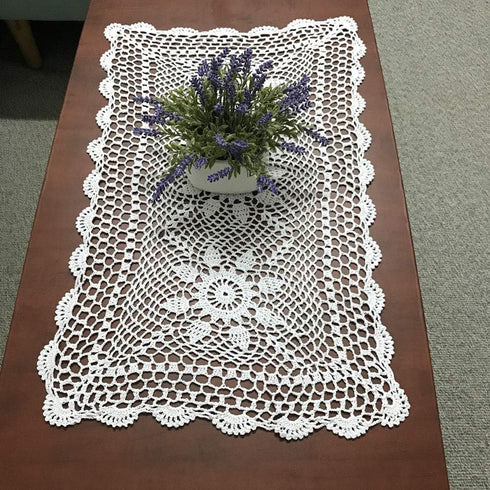 Hetao 16x27 Handmade Cotton Crochet Lace Table Runner - White