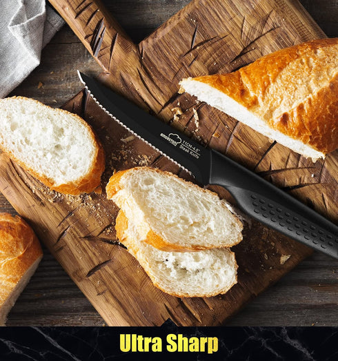 Set of 8 Stainless Steel Steak Knives, Serrated and Dishwasher Safe, Elegant Black Design