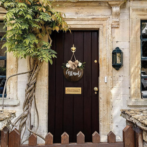Blessed Farmhouse Welcome Sign, Round Wood Hanging Door Decor with Ribbon Bow and Artificial Greenery for Front Porch