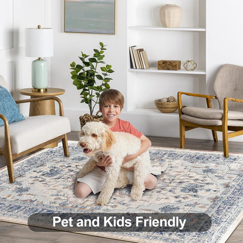 BESTSWEETIE 2x3 Washable Entryway Rug, 2 x 3 Non-Slip Small Kitchen Rugs for Indoor Entrance, Vintage Boho, Beige Blue