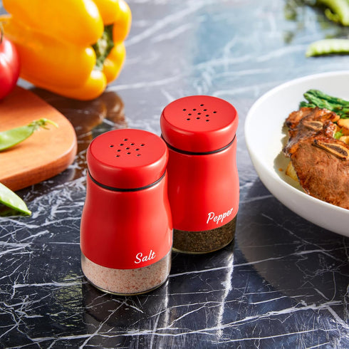 Bivvclaz Red Salt and Pepper Shakers Set, 5 oz Dispenser with Glass Bottom, Cute Kitchen Decor and Accessories