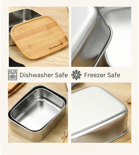 Premium Stainless Steel Bento Lunch Box, Eco-Friendly 28 oz Food Container with Leak-Proof Bamboo Lid and Cutlery