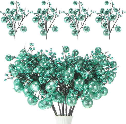 Geosar 24 Pieces Christmas Glitter Berries Stems 10 Inch Christmas Berry Picks
