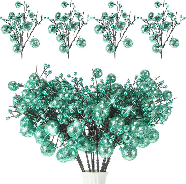 Geosar 24 Pieces Christmas Glitter Berries Stems 10 Inch Christmas Berry Picks