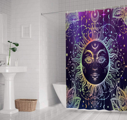 Sun Moon Shower Curtain, Burning Sun with Star Psychedelic Theme, Washable Polyester Fabric for Bathroom Set with