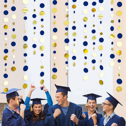 46 Ft Navy Blue and Gold Circle Dots Garland, Royal Blue Hanging Paper Polka Dot Streamer for Party Decorations