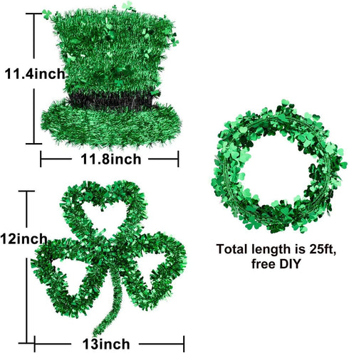 Whaline 3 Pack St. Patrick’s Day Green Tinsel Garland with Shamrock Wreath, Wire Garland, Leprechaun Hat