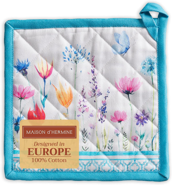 Maison d' Hermine Pot Holders 100% Cotton Heat Resistant Potholders - 8" x 8" Hot Pads with Loop - Pack of 1, Flower In