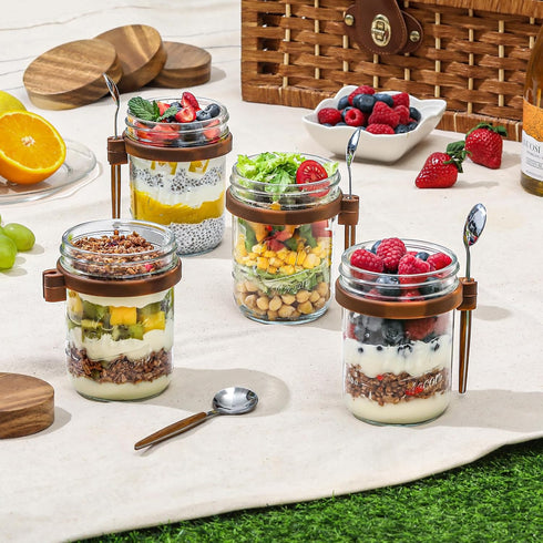 4 Pack 16oz Overnight Oats Containers with Wooden Lids and Spoons, Glass Mason Overnight Oats Jars with Lids, Large