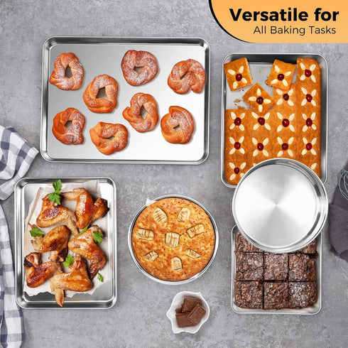 Set, 6-Piece Sets E-far Stainless Steel Baking Pan Metal Bakeware Include Cookie Sheet, Round Square Rectangle Cake