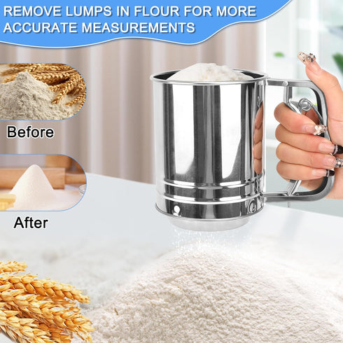 Flour Sifter Stainless Steel, 3 Cup Sifter for Baking, 3 in 1 with Powdered Sugar Shaker Duster