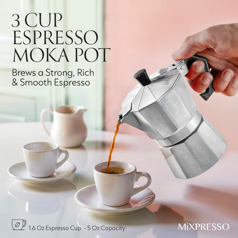 Mixpresso 3 Cup Moka Pot Cuban Coffee Maker for Gas, Electric Stove Top, Classic Italian Espresso Maker, 5 Oz
