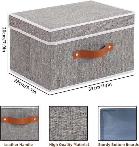 Fabric Storage Bins with Lids, Linen Foldable Storage Boxes, Closet Storage Organizer Containers with Handles, Grey,