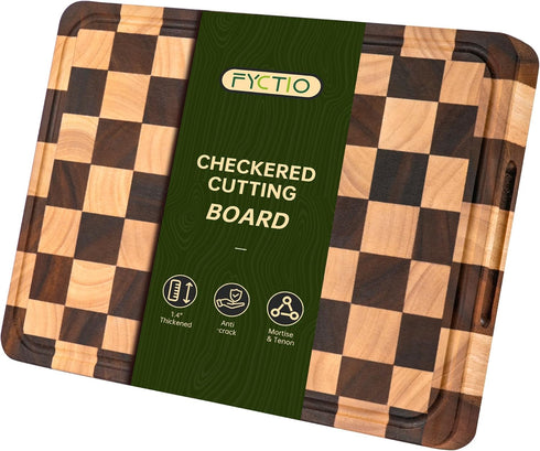 Checkered Cutting Boards for Kitchen, Acacia Wooden Chopping Board with Juice Grooves