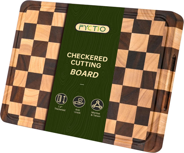 Checkered Cutting Boards for Kitchen, Acacia Wooden Chopping Board with Juice Grooves