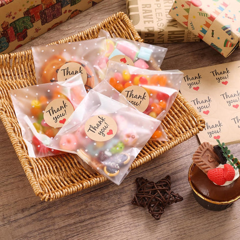 SUREHOME 200 Pcs Cookie Bags with Seal, Clear Self Sealing Cellophane Bags with Thank You Stickers
