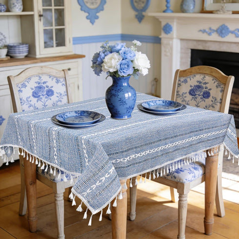 Small Blue Square Tablecloth 36''x36'', Spring Dusty Blue and White Linen Coffee