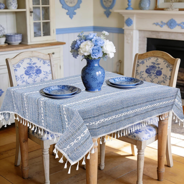 Small Blue Square Tablecloth 36''x36'', Spring Dusty Blue and White Linen Coffee