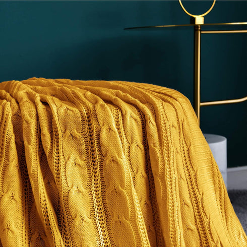 jinchan 50"x60" Cozy Cable Knit Throw Blanket for Couch Lightweight Soft Throw Blanket Mustard Yellow Decorative Throws