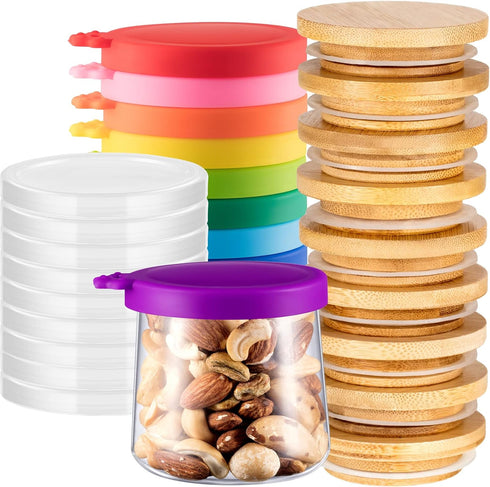 Mumufy 27 Pcs Yogurt Jar Lids Clear Plastic Silicone Bamboo Wood Container