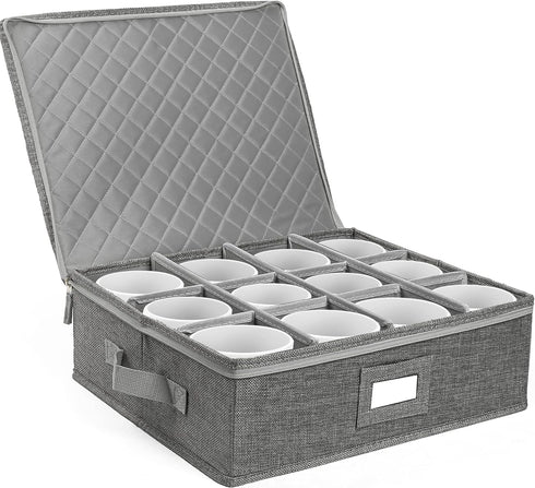 LotFancy Cup and Mug Storage Container, Hard Shell Coffee Mug Box with Dividers & Handles, Holds 12 Tea Cups, Grey