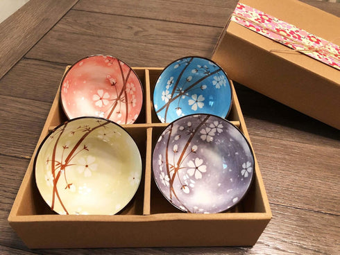 Set of 4 Mose Cafolo Japanese Style Ceramic Rice Bowls, Assorted Designs with Phum Flowers, Gift Box