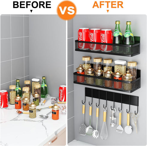 Magnetic Spice Rack for Refrigerator - 3 Pack Moveable Shelf with 8-Hook Rack, Seasoning Organizer for Kitchen