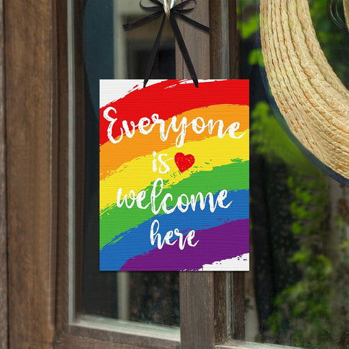Jetec 2 Pieces Rainbow Pride Sign, "Everyone is Welcome Here" & "Love is Love" Wood Hanging Decoration
