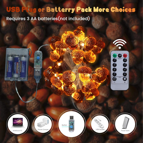 30 10 Thanksgiving Acorn Lights Fall Garland Decorative Fairy String Light Cute Novelty Lights LEDs ft USB or Battery
