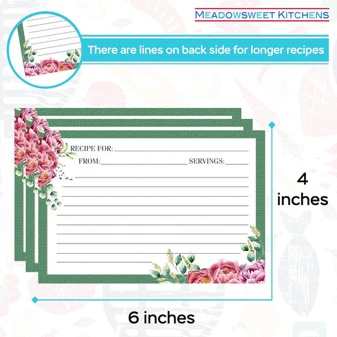 Meadowsweet Kitchens Recipe Card Set: 25 Recipe Cards 4 x 6 Inch for Wedding, Bridal Shower, Green & Peonies
