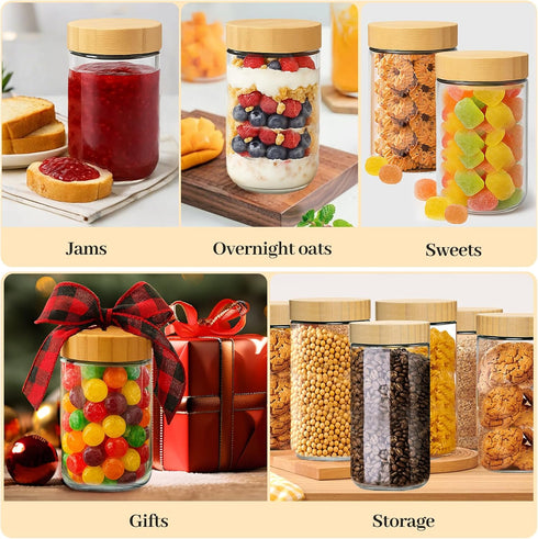 4 Pack 24oz TBWIND Glass Jars with Bamboo Lids, Spoons, Airtight Overnight Oats Containers, Wide Mouth Mason Jars, Food