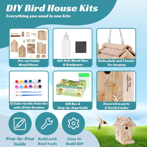 Rioychan 8.5in) Wooden Birdhouse Kit for Adults to Build, DIY Bird House Craft Kits to Paint, Adult Woodworking