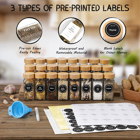 24 4 oz NETANY Pcs Glass Spice Jars with Bamboo Lids, Glass Jars with Minimalist Farmhouse Spice Labels Stickers