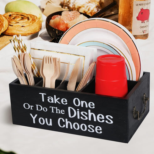 Small Paper Plate Holder Utensil Caddy Organizer for Countertop, Kitchen Silverware Cups, Forks, Spoons, Napkins, Wood