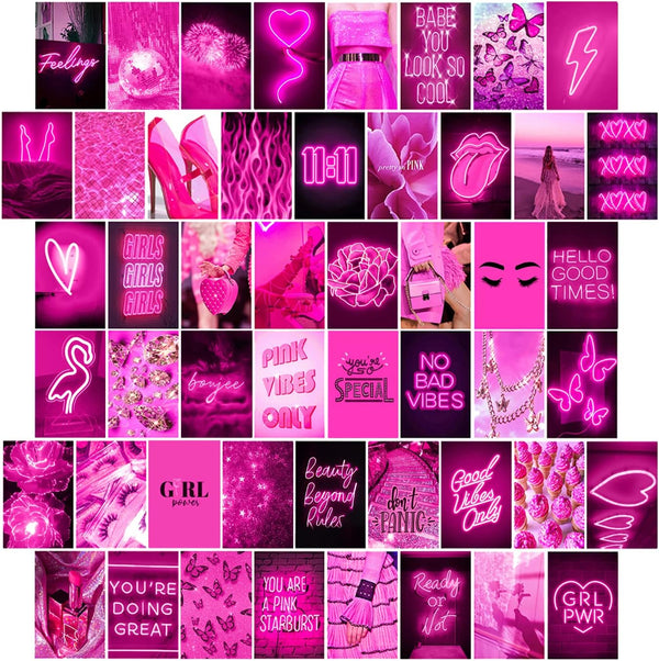 WOONKIT Pink Neon Wall Collage Kit - Aesthetic Pictures for Trendy Room Decor, 50pcs 4x6 Inch for Teen Girls