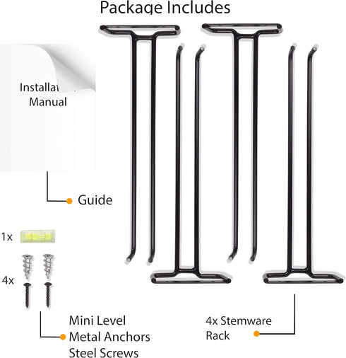 Wallniture Chiraz Wine Glass Rack - Wall Mountable Wrought Iron Black Set of 4