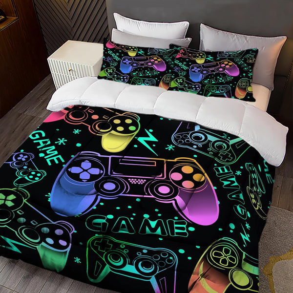 Sunnycitron Colorful Gamer Comforter Set for Boys, Gaming Bedding Set for Teens, Game Room Decor Full (1 Comforter + 2