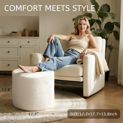 Round Boucle Pouf Ottoman Footrest Soft & Lightweight Footstool with Full Foam Filling for Living Room, Bedroom